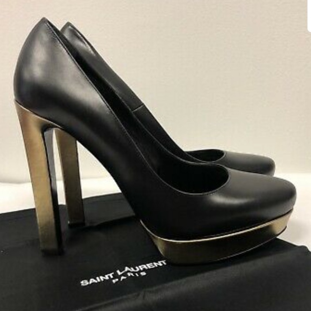 Saint Laurent YSL Black Leather+gold platform pump